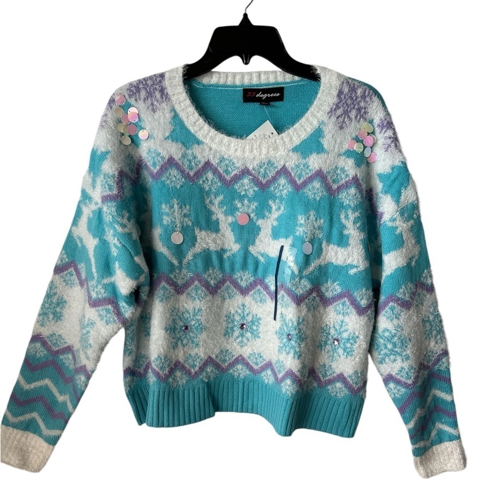 33 DEGREES Fuzzy Holiday Snowflakes Reindeer Large Scoop Crew Sweater BNWT